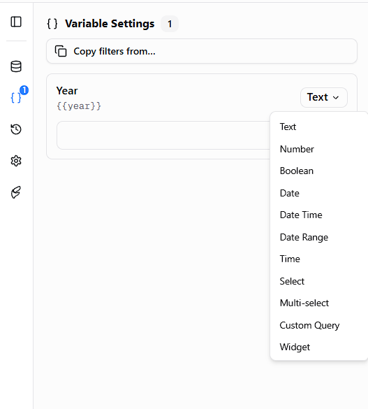 Variable type dropdown for the year filter