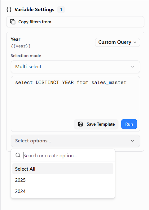 Year filter listing the years found in the data