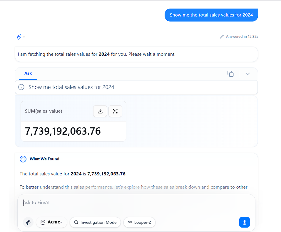 Ask FireAI answer showing the total and an explanation under What We Found