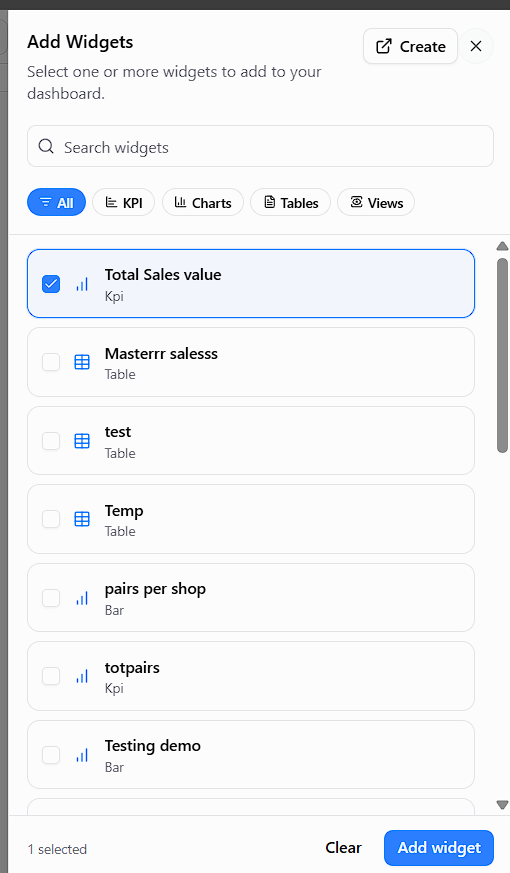 Add widget dialog with saved widgets to choose from