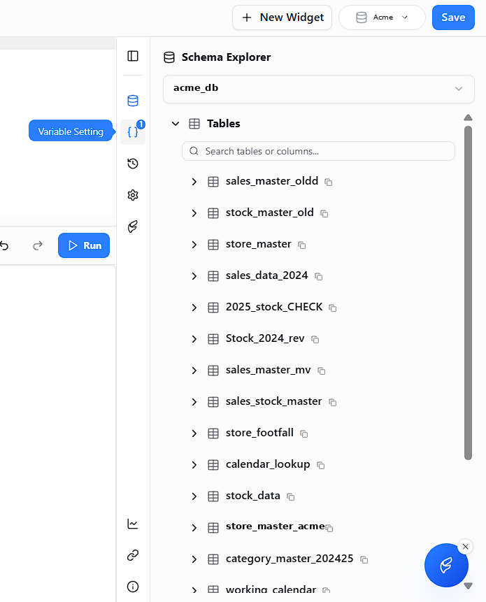 FireAI widget editor with the Schema Explorer panel listing tables
