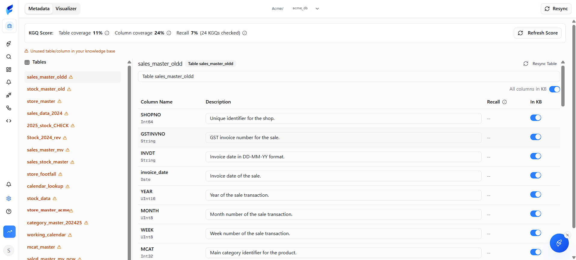 FireAI Metadata page with tables on the left and column descriptions on the right