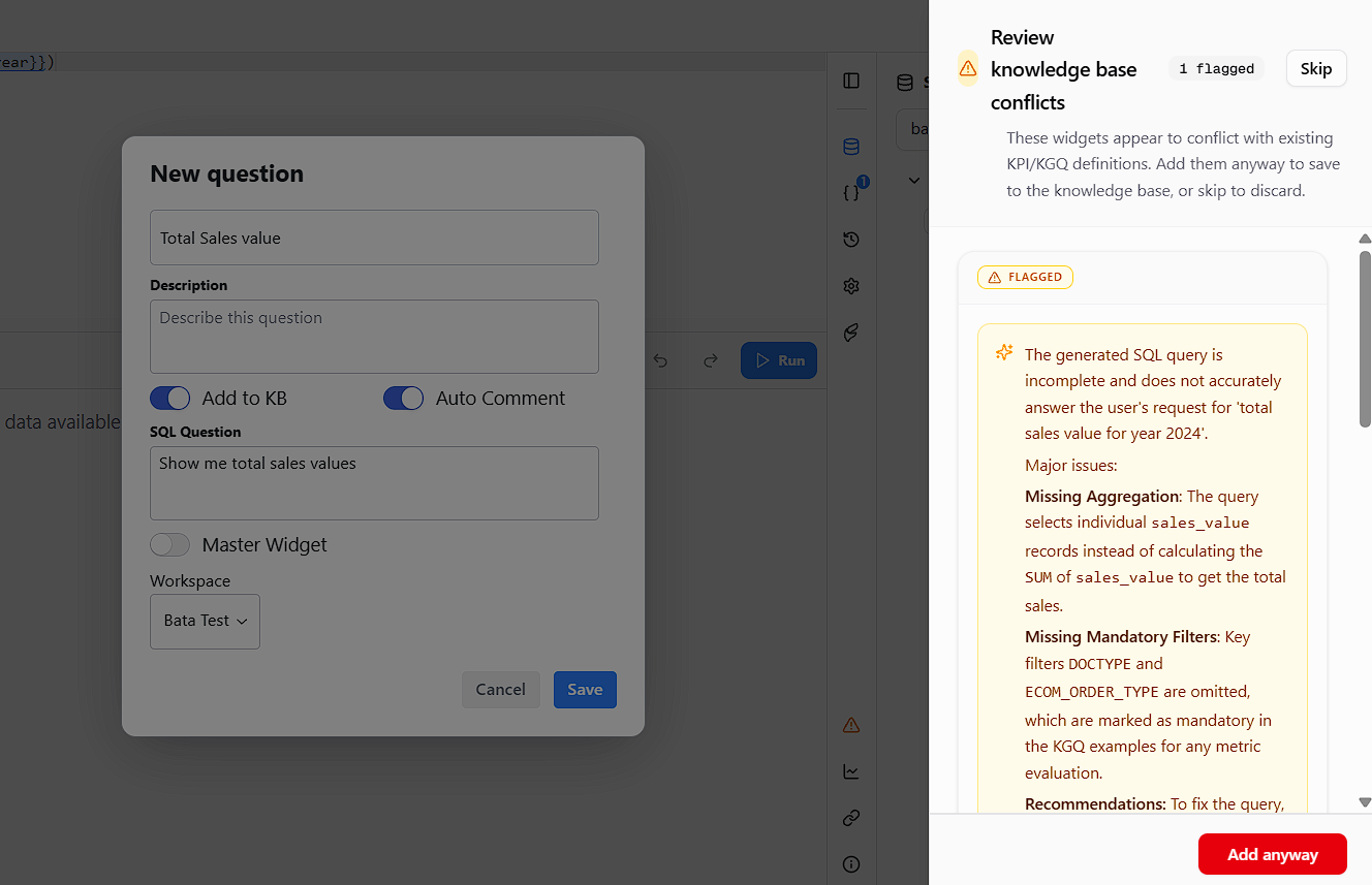 Review knowledge base conflicts dialog with a flagged rule
