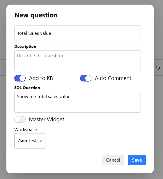 New question save dialog with Add to KB and SQL Question fields