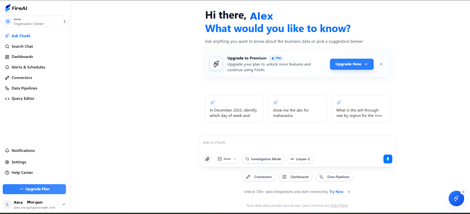 FireAI home page with the left menu open